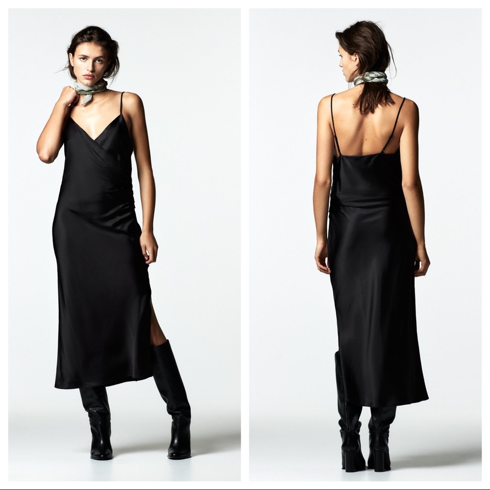 Zara Midi Surplice Draped Dress with Side Slit Black Small